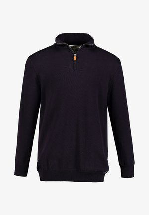 Granatowy sweter z zamkiem na szyi, wykonany z dzianiny. Posiada długie rękawy, ściągacze na mankietach oraz kontrastowy zamek z pomarańczowym akcentem.