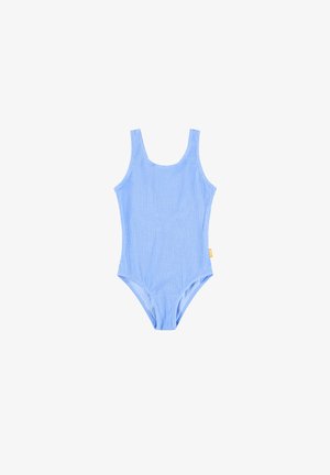 Světlé modré jednodílné plavky s texturou, širokými ramenními popruhy a malou žlutou visačkou na pravé straně.