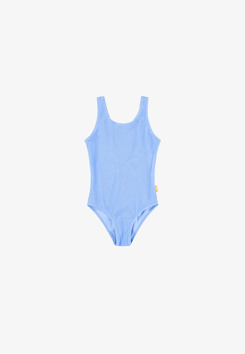 Maillot de bain une pièce bleu clair texturé avec larges bretelles et une petite étiquette jaune sur le côté droit.