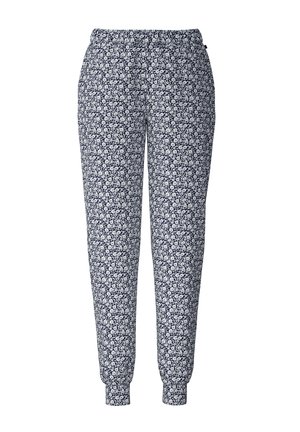 Marineblauwe sweatpants met een wit bloemenpatroon, een elastische tailleband en taps toelopende uiteinden. Gemaakt van zachte stof met een comfortabele pasvorm.