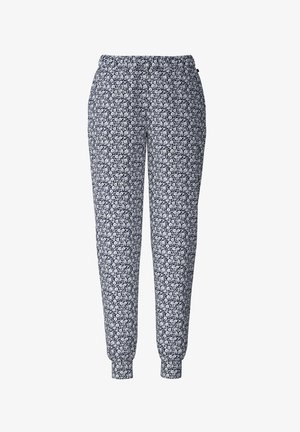Pantaloni da tuta blu navy con motivo floreale bianco, vita elastica e polsini affusolati. Realizzati in un tessuto morbido con una vestibilità confortevole.