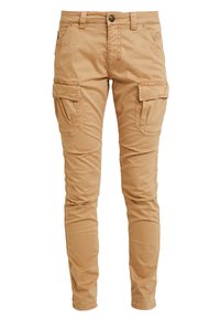 Beige cargo-housut, joissa on slim fit -malli, valmistettu puuvillasta. Ominaisuuksiin kuuluvat kaksi suurta sivutaskua ja napitettava vyötärö. Sujuva pinta.