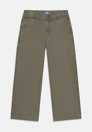 Khaki wide-leg pants made of cotton with a zip fly and button closure. Features front pockets and stitched detailing along the seams.