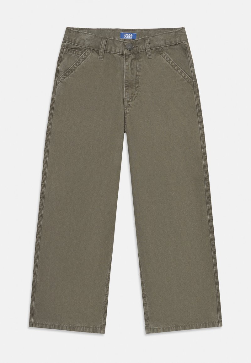 Pantalones de pierna ancha color caqui, elaborados en algodón, con cremallera y cierre de botón. Incluyen bolsillos delanteros y detalles bordados a lo largo de las costuras.