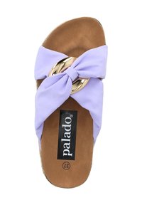 Lila tygslip-in sandal med en vriden rosettdetalj och en guldtonad cirkulär accent. Brunt mjukt innersulor med svart varumärkesetikett.