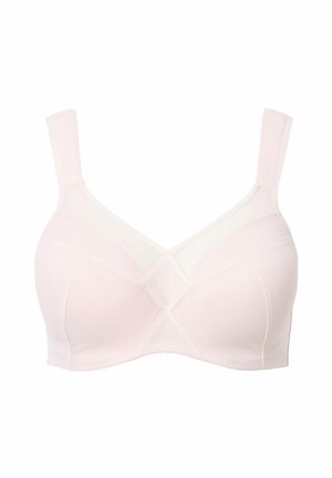 Soutien-gorge rembourré et sans fil en doux tissu rose clair. Présente des bretelles larges, un design croisé à l'avant, et une texture lisse sans embellissements.