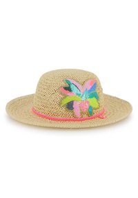 Chapeau de paille à large bord, orné d'un motif floral coloré en sequins roses, verts et bleus, souligné par un ruban rose autour de la calotte.