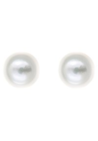 Runde weiße Perlen mit einer glatten, glänzenden Oberfläche. Jede Perle zeigt eine leichte Irideszenz und hat einen Durchmesser von ungefähr 10 mm.
