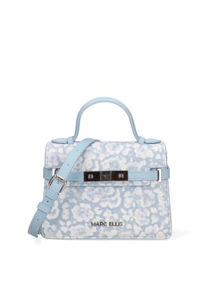 Lichtblauwe handtas met bloemmotief, bovenhandvat, verstelbare schouderband, zilveren gesp en Marc Ellis-logo aan de voorkant.