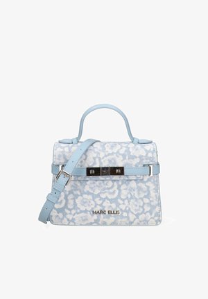 Sac à main bleu clair à motif floral avec poignée supérieure, bandoulière ajustable, boucle argentée et logo Marc Ellis sur le devant.