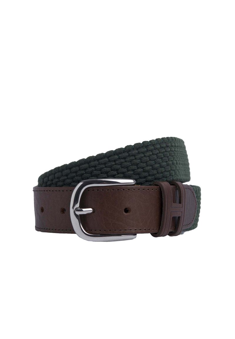 Woven green tekstylny pasek z brązowym skórzanym tłem, z metalową klamrą w kolorze srebrnym oraz dodatkowymi brązowymi skórzanymi akcentami.