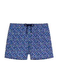 Shorts de bain bleus avec un cordon de serrage à la taille, arborant un motif de cercles multicolores. Fabriqués en matériau léger et lisse.