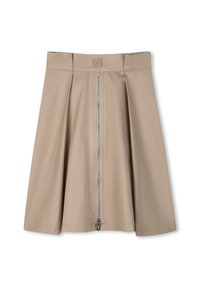 Jupe A-line beige avec des plis, dotée d'une fermeture éclair à l'avant, fabriquée en matériau lisse. Design simple sans motifs ni embellissements.