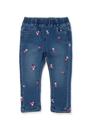 Pantaloni di jeans con cintura elastica, caratterizzati da ricamo floreale multicolore. Progettati con una vestibilità slim e il classico stile a cinque tasche.