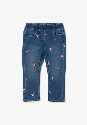 Pantalon en denim avec une taille élastique, orné d'une broderie florale multicolore. Conçu avec une coupe ajustée et un style traditionnel à cinq poches.