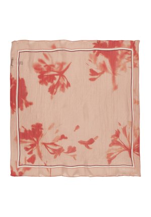 Light peach square scarf with red floral watercolor patterns and a thin double-lined border along the edges.