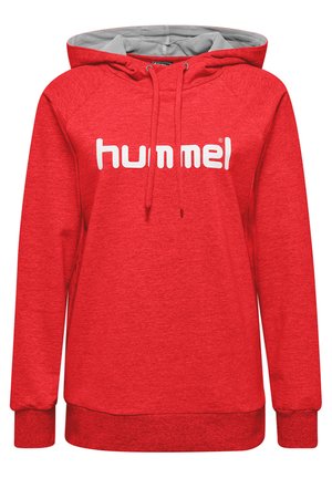 Rode hoodie van zacht materiaal. Voorzien van het witte "hummel" logo over de borst en een gestreepte grijze voering in de capuchon.