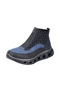 Blaue und schwarze Knöchelstiefel mit Reißverschluss, aus Wildleder und Gummi, mit strukturierten Akzenten und leichtem, belüftetem Sohlendesign.