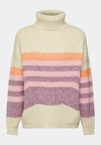 Pull col roulé crème avec des rayures horizontales orange, rose et violet, en grosse maille avec manches longues.