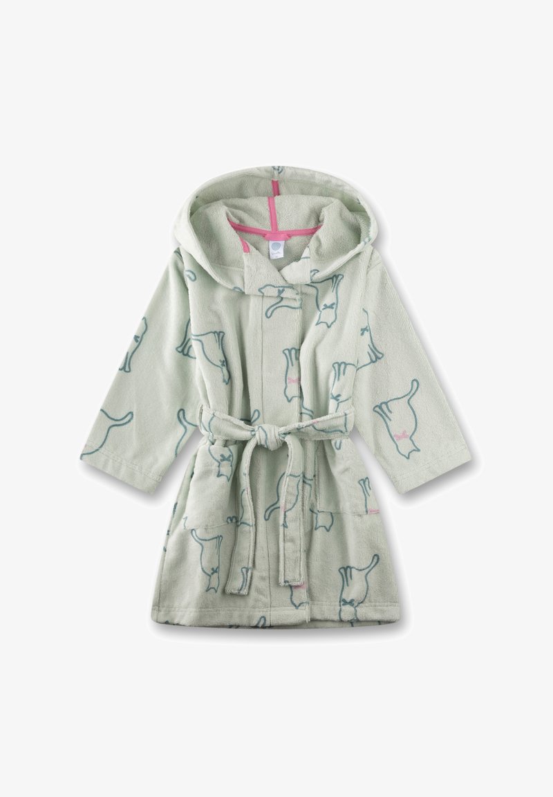 Weicher hellgrauer Kapuzenbademantel für Kinder mit blauen Katzenkonturen und rosa Schleifenakzenten, in der Taille mit einem Gürtel gebunden.