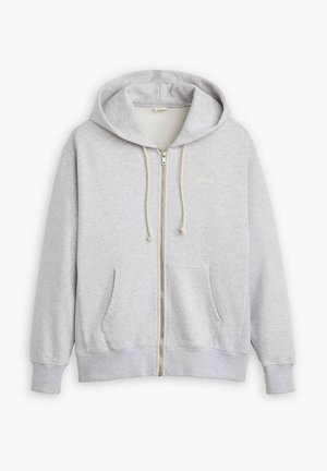 Grauer Kapuzenpullover zum Reißverschluss aus Baumwollmischung mit weicher Textur, ausgestattet mit Kapuze, Kordelzug, Fronttaschen und einem dezenten Logodetail.