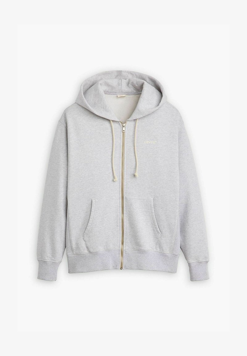 Grauer Kapuzenpullover zum Reißverschluss aus Baumwollmischung mit weicher Textur, ausgestattet mit Kapuze, Kordelzug, Fronttaschen und einem dezenten Logodetail.