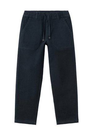 Pantalons bleu marine foncé avec une taille élastique, poches avant et une coupe décontractée. Texture lisse avec des panneaux latéraux contrastés.