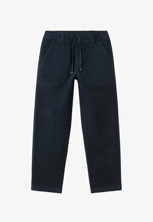 Pantaloni blu scuro con cintura elastica, tasche frontali e vestibilità comoda. Tessuto liscio con pannelli laterali a contrasto.