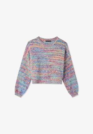 Maglione corto multicolore con motivo a maglia lavorata a rilievo, maniche lunghe, scollatura rotonda e polsini e orlo a costine.