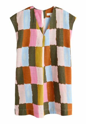 Sukienka bez rękawów z dekoltem w serek i wzorem color-block w kolorach różowym, jasnoniebieskim, musztardowym, oliwkowozielonym i rdzawe pomarańczowym.