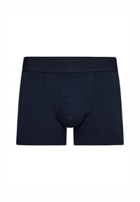 Boxer shorts de algodón azul marino con un frente de soporte, cinturilla ancha con el nombre de la marca en relieve, que ofrecen una textura suave y un ajuste ceñido.