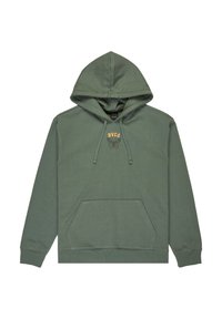 Felpa verde con tasca frontale, cappuccio con cordino regolabile e logo RVCA sopra una grafica di farfalla in arancione e nero. Materiale in cotone.