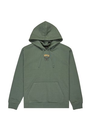 Green hoodie with a front pocket, adjustable drawstring hood, and RVCA logo above a butterfly graphic in orange and black. Cotton material.