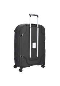 Valigia rigida nera con superficie texturizzata, dettagli in argento, due ruote e manico estensibile per una facile manovrabilità.