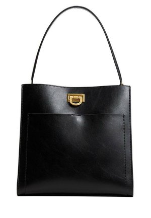 Black leather tote bag with a smooth texture. Features a gold-tone clasp and front pocket, and a thin shoulder strap.