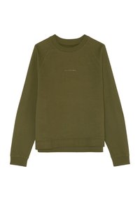 Sudadera de cuello redondo de manga larga en verde oliva, con puños y dobladillo acanalados, que presenta un pequeño texto centrado "Marc O'Polo Denim" en el pecho.