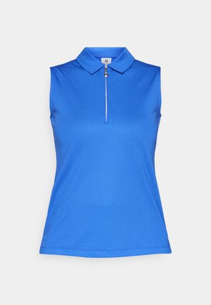 Ermeløs blå piké med teksturert stoff, krage og kort glidelås. Har et subtilt mønster. Ren, skreddersydd passform.