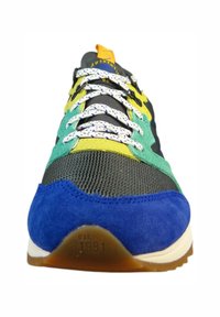 Sneaker monivärinen, jossa sininen mokkasiinipää, vihreitä ja keltaisia yksityiskohtia, verkkokangasyläosa ja valkoiset pilkulliset nauhat. Pohja on kumia, jossa on leimattu "est. 1981".