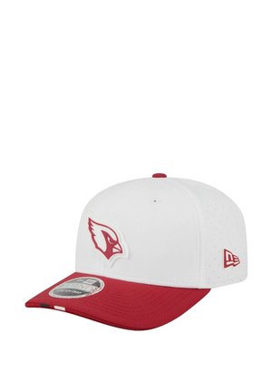 White baseball cap with red bill and red cardinal logo on front, New Era logo on side, and ventilation holes on crown.