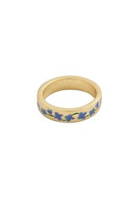 Gold ring featuring a floral design with blue enamel flowers around the band, smooth finish, and a rounded shape.