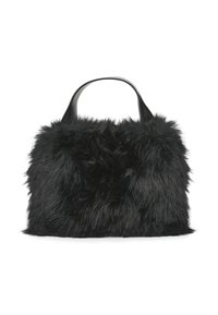 Sac à main noir recouvert de fausse fourrure douce avec une seule bandoulière en cuir lisse, sur fond blanc.