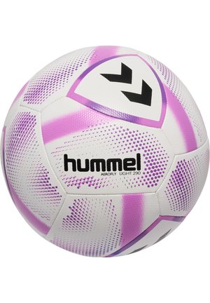 Ballon de football Hummel Aerofly Light 290, avec une surface blanche ornée de dégradés roses, d'accents noirs et d'une finition texturée et à motifs.