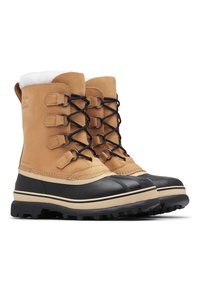 Stivali impermeabili marroni con suole in gomma nere, design con lacci, fodera in pelliccia sintetica e punta robusta e rotonda; presenta occhielli e dettagli in metallo.