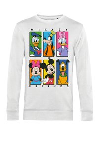 Felpa bianca con stampe colorate di cartoni animati di Topolino e amici in cornici rettangolari. I materiali sembrano morbidi e presenta un design a girocollo.