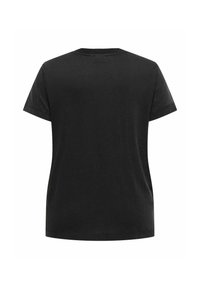 Zwarte katoenen t-shirt met korte mouwen, een ronde halslijn en een losse pasvorm. De textuur lijkt soepel en consistent over de hele stof.