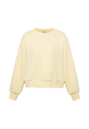 Hellgelbes Sweatshirt mit Rundhalsausschnitt, langen Ärmeln sowie gerippten Bündchen an Ärmeln und Saum, schlichtes Design mit kleiner pinker Stickerei auf dem linken Ärmelbündchen.