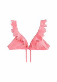 Rosa bikiniöverdel med vågig spetskant vid axlarna, justerbara band baktill och en mjuk, stretchig tygkvalitet.