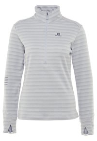 Světle šedý pulovr se čtvrtým zipem a vodorovnými pruhy. Vyrobený z texturované látky, má stojací límec a otvor pro palec na rukávech.