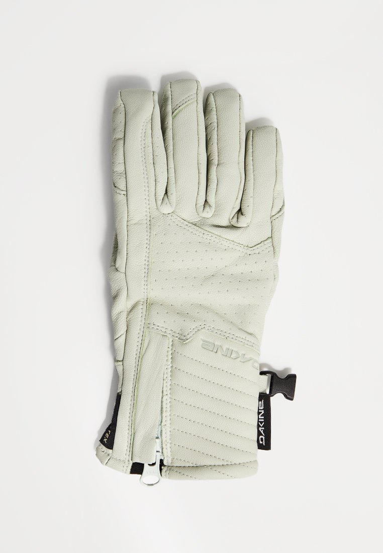 Lichtgroene leren handschoen met vijf vingers, gewatteerde textuur, ritssluiting op de pols en logo-opdruk op de achterkant.