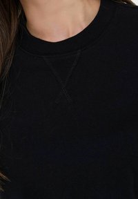 Κοντινό πλάνο ενός ατόμου που φοράει ένα μαύρο μπλουζάκι με λαιμόκοψη, με ορατές λεπτομέρειες ραφής και μακριά καστανά μαλλιά μερικώς ορατά.